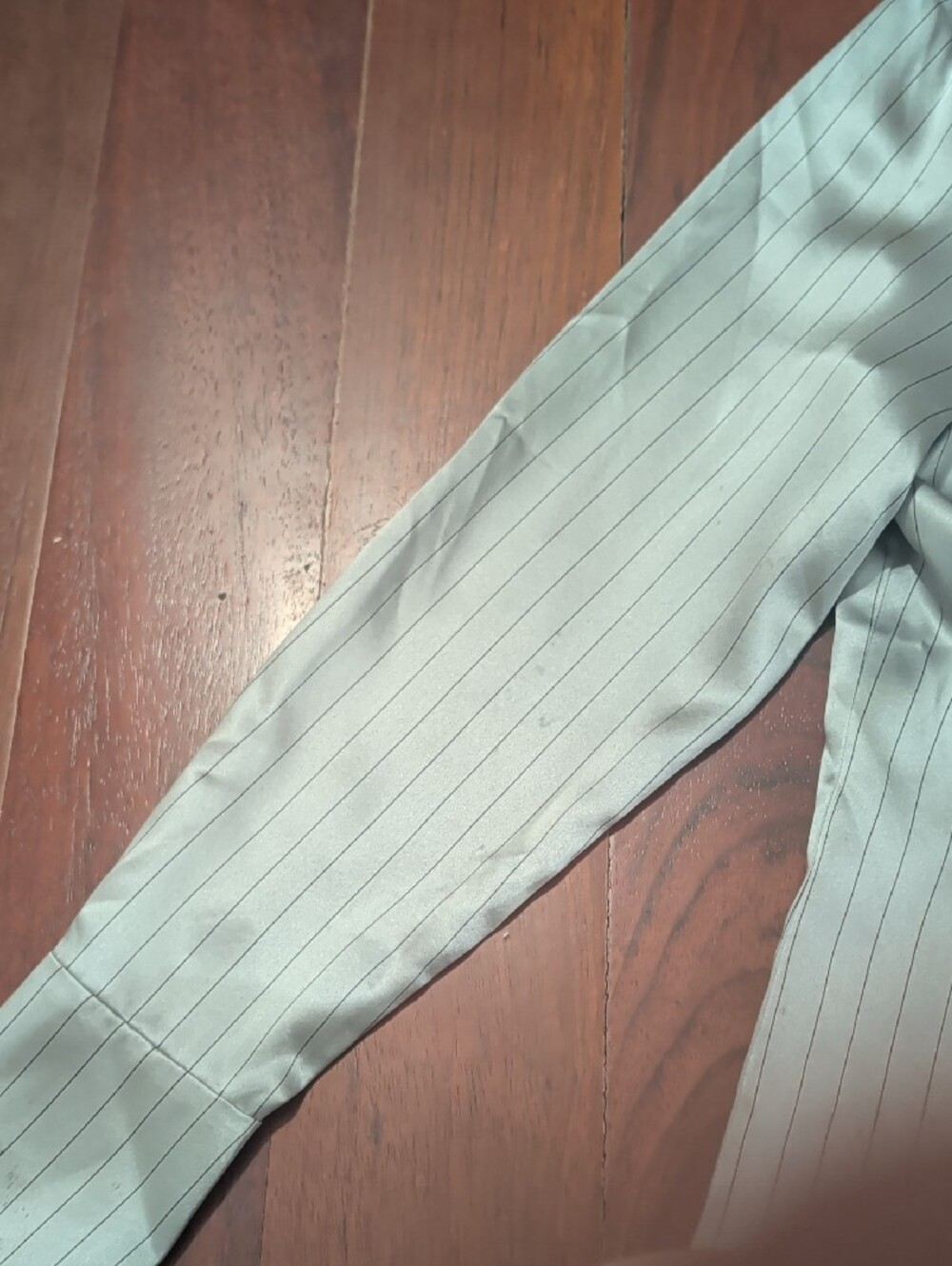 Lafayette 148 New York Gray Satiny Silk Pinstripe Hidden Button-Front Shirt - Picture 9 of 10